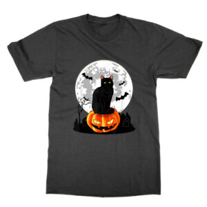 Black Cat On Pumpkin Bats Full Moon Halloween T-Shirt