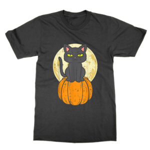 Black Cat On Pumpkin Full Moon Halloween T-Shirt