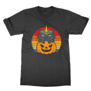 Black Cat Unicorn On Pumpkin Halloween Jack O Lantern T-Shirt