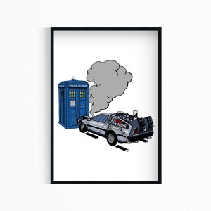 DeLorean Crashing into Tardis Wall Art Poster